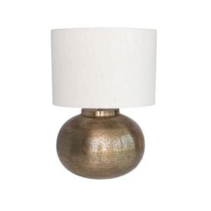 20 in. Antique Brass Round Etched Metal Table Lamp with Cotton Shade