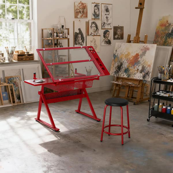 40.15 in. Rectangle Red Wood and Metal Drafting Table Writing Desk with Stool and Storage Space