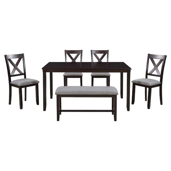 ATHMILE 6 Piece Rectangular Espresso Wood Top Dining Table Set with Gray Cushion Seats 6