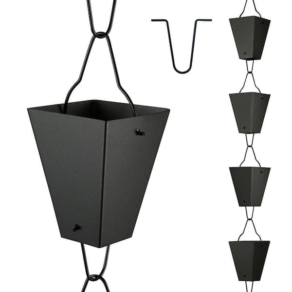 8.5 ft. Length Square Link Rain Chain, 3.7 in. Big Size Cup, Black Powder Coated, Functional