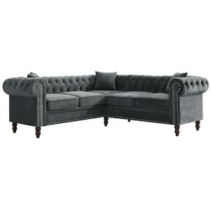 80 in. Rolled Arm Velvet Tufted L Shaped Sofa in Gray with Nailhead Trim and Removable Cushions