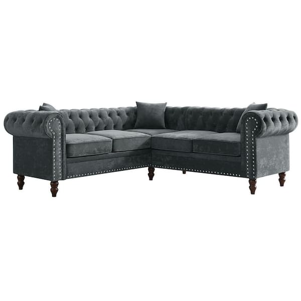 JASMODER 80 in. Rolled Arm Velvet Tufted L Shaped Sofa in Gray with Nailhead Trim and Removable Cushions