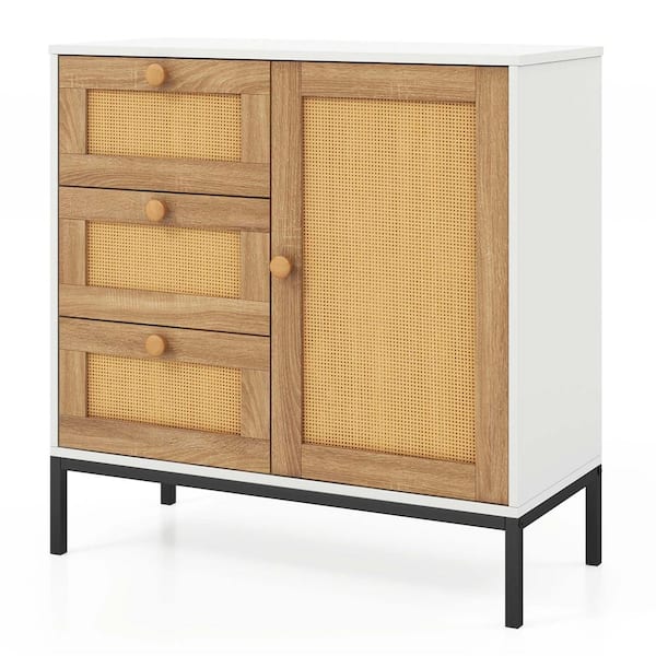 Costway White Plus Natural Wood 31.5 in. Buffet Sideboard with 3-Drawers and 1-Door Sturdy Metal Legs Storage Cabinet