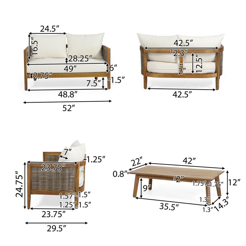 Teak Wood Outdoor 4-Piece Patio Set with Beige Cushions