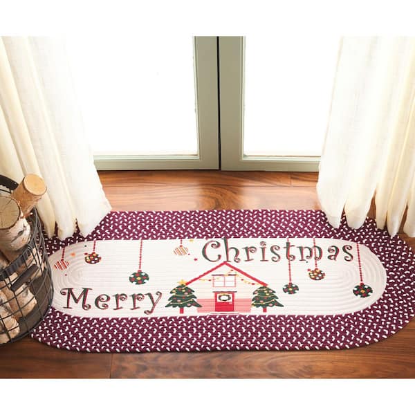 Braided Posters Ivory/Burgundy Red 2 ft. x 4 ft. Machine Washable Merry Christmas Runner Rug
