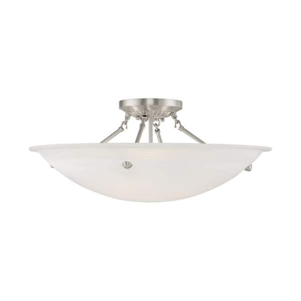 Oasis 24 in. 4-Light Brushed Nickel Semi Flush Mount with White Alabaster Glass