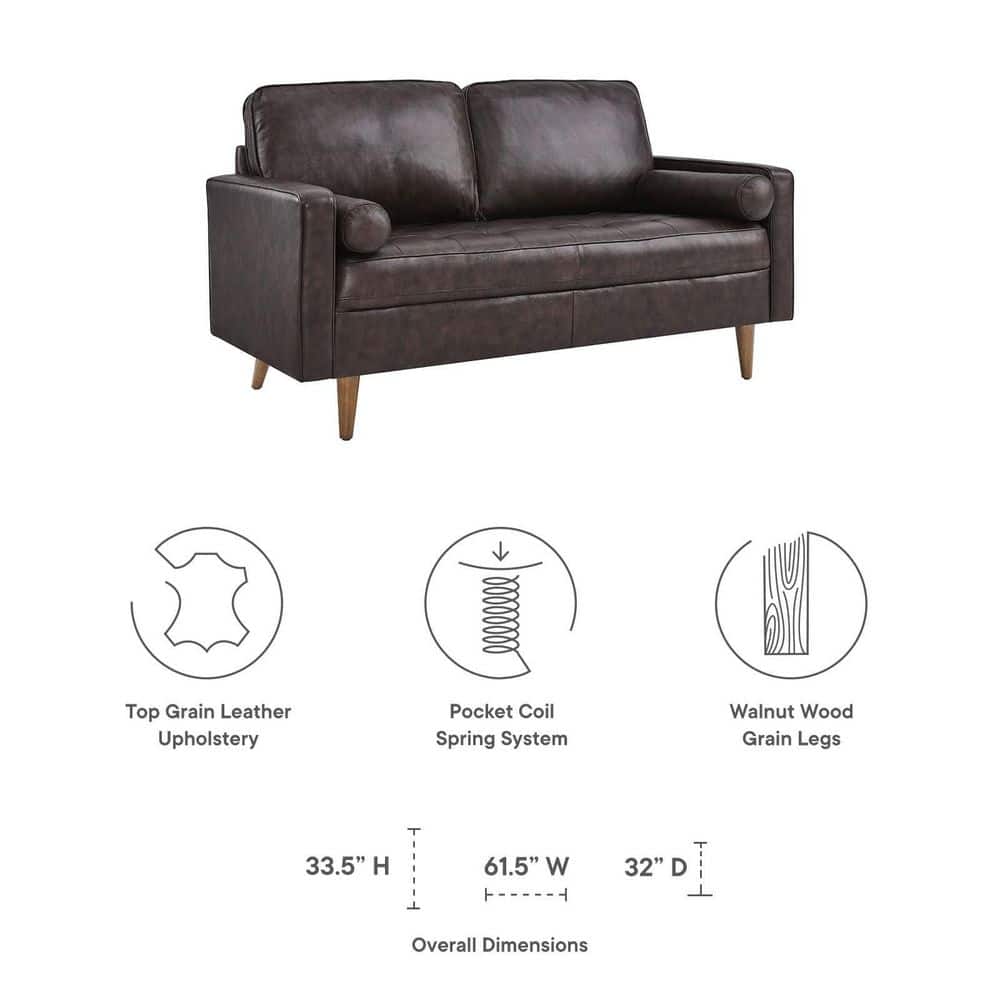 Valour Biscuit-Tufted Brown Faux Leather Loveseat with Walnut Wood Legs