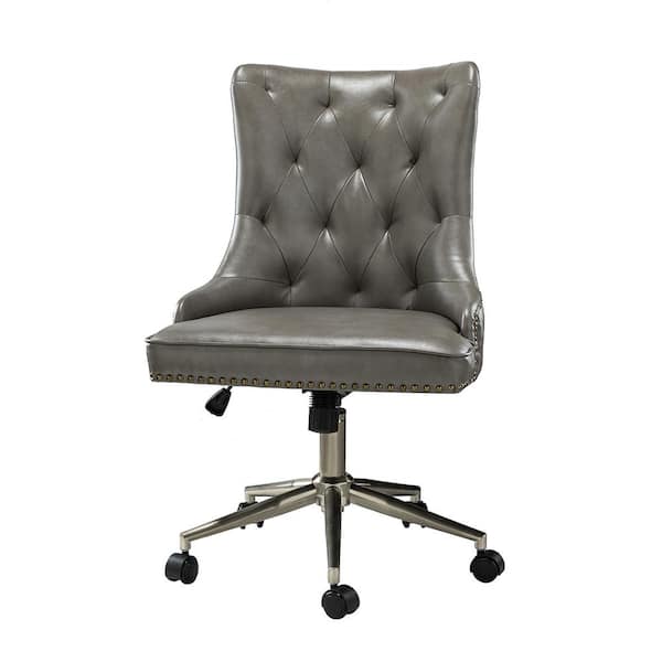 JAYDEN CREATION Herse Grey Tufted Nailhead Trim Faux Leather 18.5 in.-21.5 in. Adjustable Height Task Chair with with Metal Base