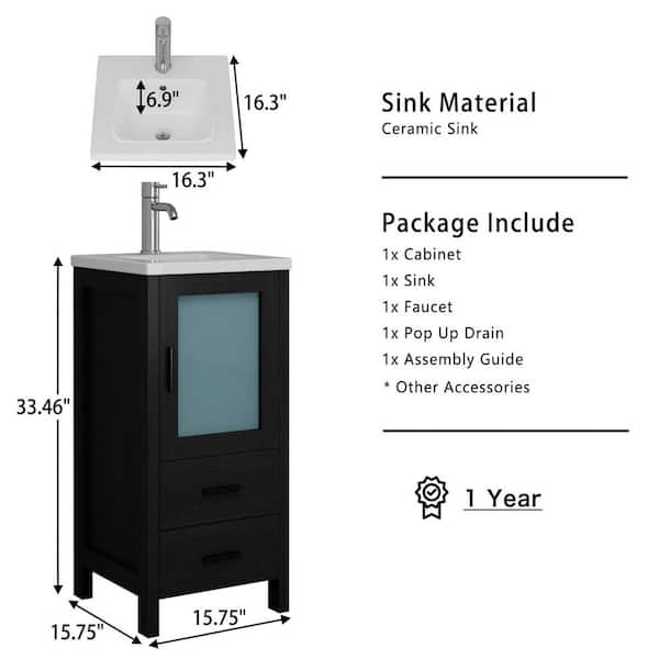 16 in. Black Bathroom Sink Vanity Set, Minimalist Bathroom Vanity with White Ceramic Countertop and Sink