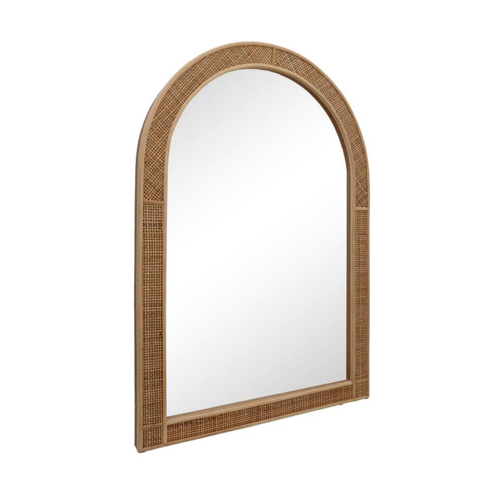 Arched Light Brown Rattan Framed Decorative Wall Mirror