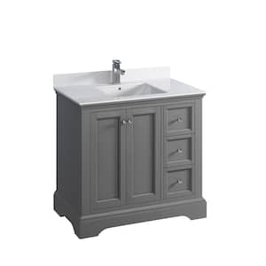 Windsor 36 in. W Traditional Bathroom Vanity in Gray Textured, Quartz Stone Vanity Top in White with White Basin