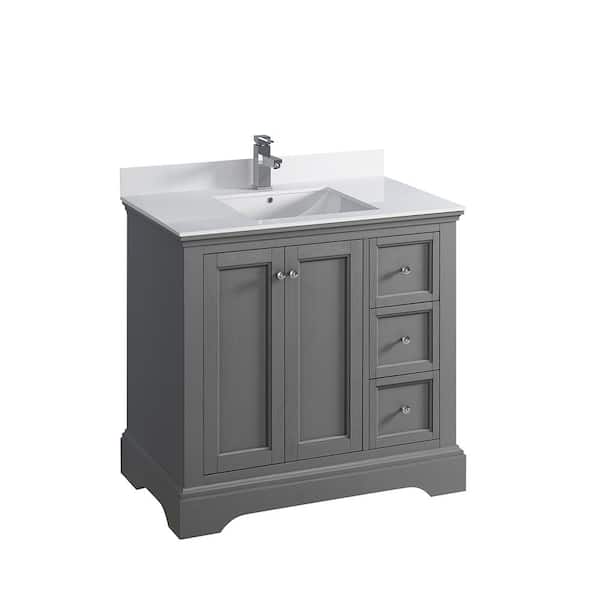 Fresca Windsor 36 in. W Traditional Bathroom Vanity in Gray Textured, Quartz Stone Vanity Top in White with White Basin