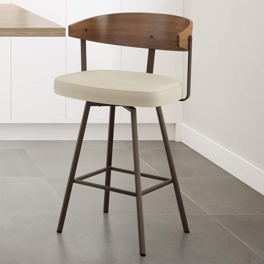 Cream and Dark Brown Swivel Counter Stool with Wooden Back