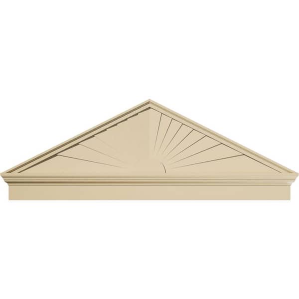 Ekena Millwork 62 in. W x 22-3/8 in. H x 2-3/4 in. P Pitch 6/12 Peaked Cap Sunburst Signature Urethane Combination Pediment, Primed Tan