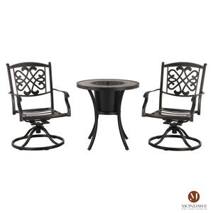 3-Piece Cast Aluminum Outdoor Bistro Set with Orange Cushions & Ceramic Tile Top Table with Ice Bucket