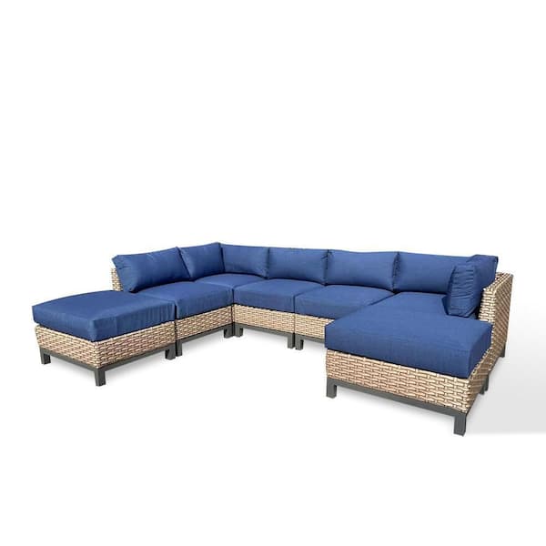 HiGreen Outdoor Delta 7-Piece Resin Wicker Outdoor Sectional with Spectrum Indigo Acrylic Cushions