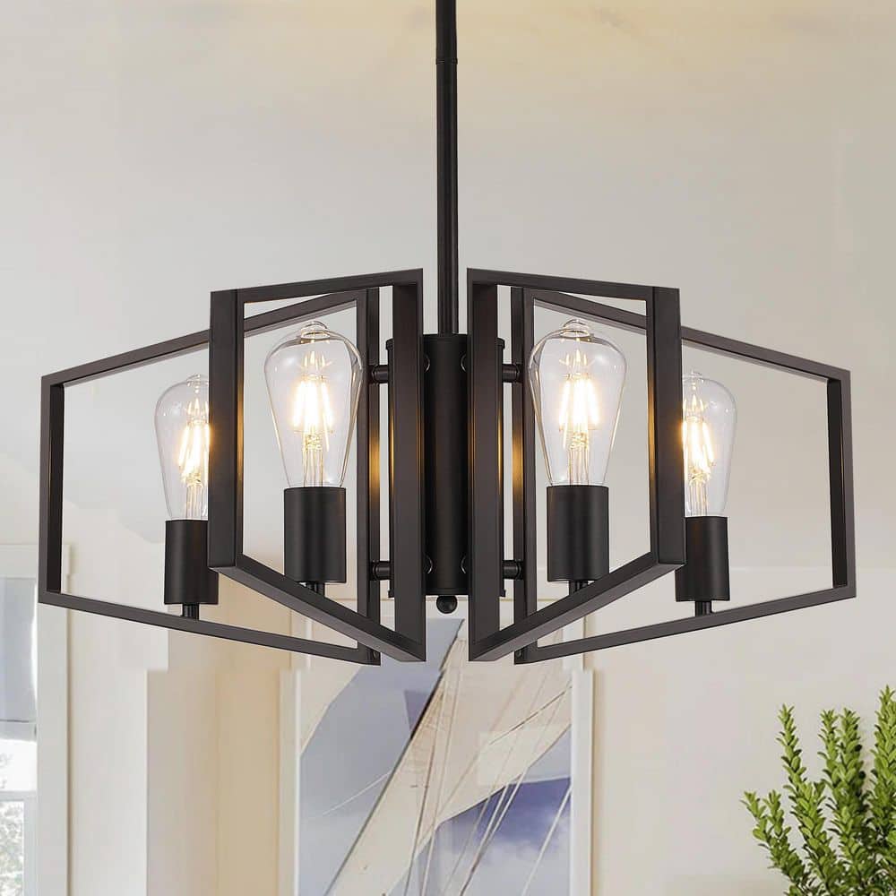 Magic Home 4-Light Black Farmhouse Chandelier for Kitchen Island, Hanging Industrial Metal Chandelier, image size:1000x1000