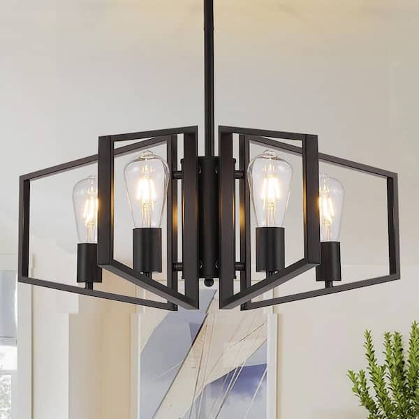 4-Light Black Farmhouse Chandelier for Kitchen Island, Hanging Industrial Metal Chandelier