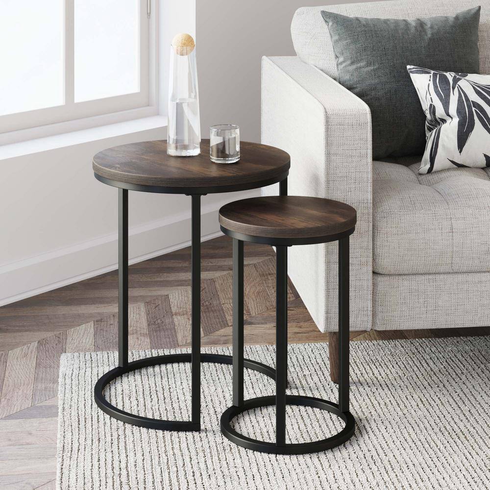 Nathan James Lula Nutmeg Tabletop with Black Metal Base Industrial Nested Round End Table Set of 2