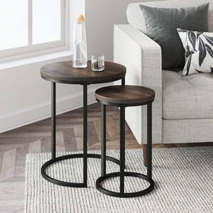 Lula 18 in. Nutmeg Round Wood End Table with Black Metal Base Industrial Nested End Table Set of 2