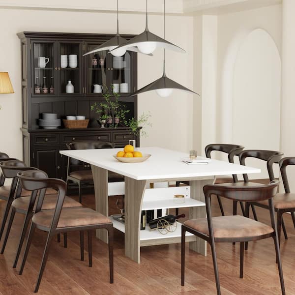 FUFU&GAGA White and Brown Wood 77.2 in. W 4 Legs Extendable Dining Table, Meeting Table With Storage shelves, for 8-Seat