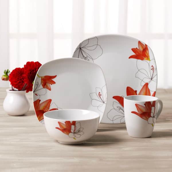 Tabletops Gallery Lily 16-Piece Casual White with Pattern Ceramic