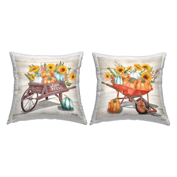 Fall Harvest Wagons Orange Square Outdoor Throw Pillow 2-Pack