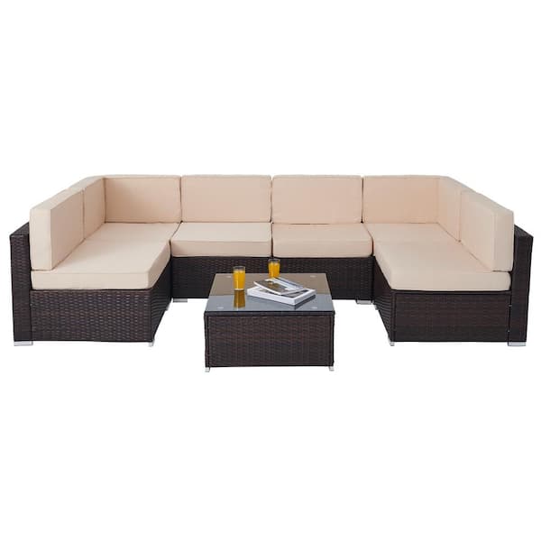 Merra Walnut 7-Piece All-Weather Wicker Outdoor Sectional Set with ...