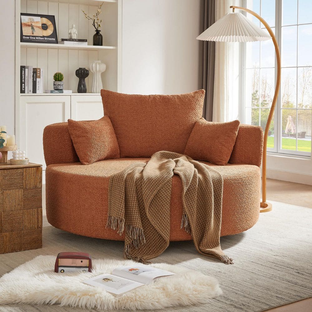Red Chenille Swivel Chair Accent Barrel Chair with 3 Removable Pillows