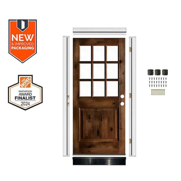 Krosswood Doors DIY 36 in. x 80 in. Left-Hand 9-Lite Clear Glass Provincial Stain Alder Wood Front Door Kit w/ Quick Assemble Jamb
