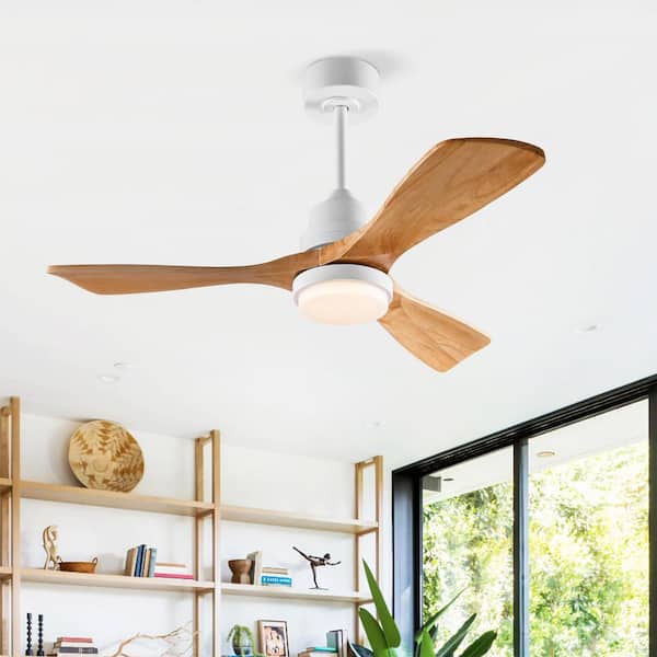 72 in. Smart White Natural Wood White Blades 2-Size Downrod Mount Standard Ceiling Fan with 3-Color Dimmable LED Light
