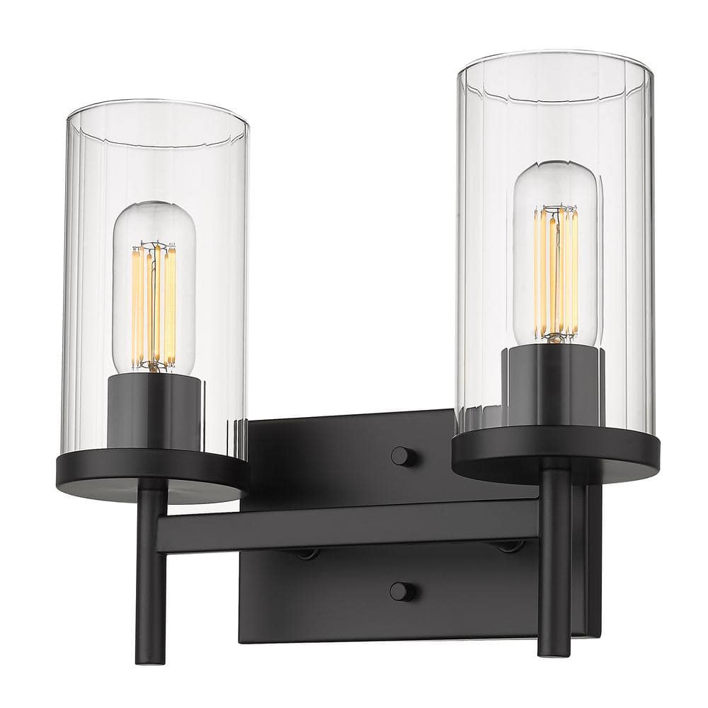Matte Black Cylinder 2-Light Vanity with Clear Glass Shades