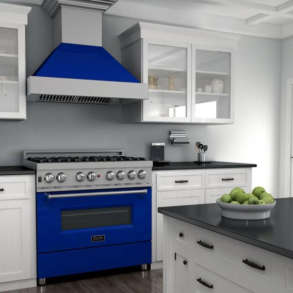 Professional Dual Fuel Range in Snow Stainless with Blue Gloss Door RAS-BG-48 ZLINE 48 in