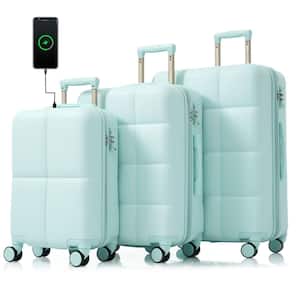 3-Piece Gray Green 20 in. x 24 in. x 28 in. ABS Hardshell Spinner Expandable Luggage Set with USB Port Cup Holder, Hooks