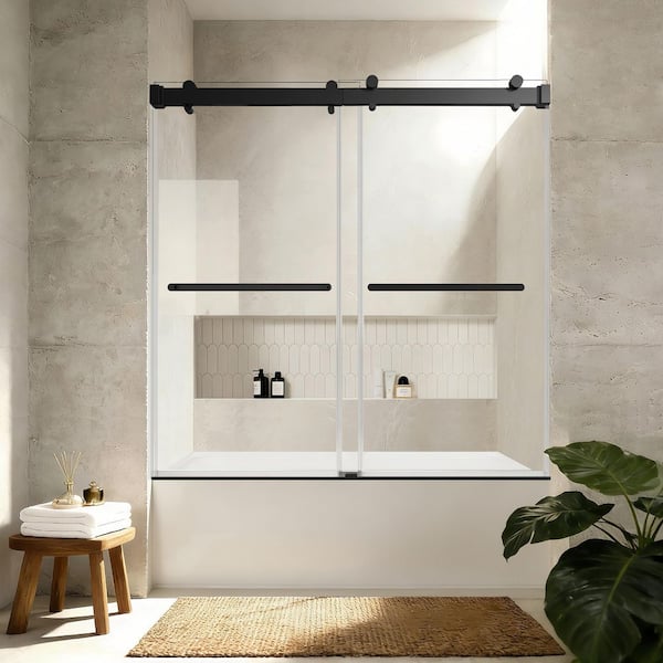 Aureum Series 60 in. W x 66 in. H Double Sliding Frameless Tub Door in Matte Black with 3/8 in. Clear Glass