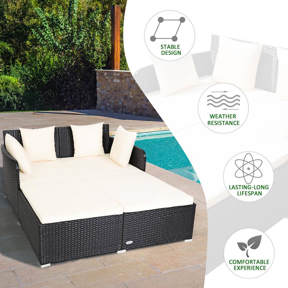 Beige Rattan Outdoor Daybed with Cushions and Pillows