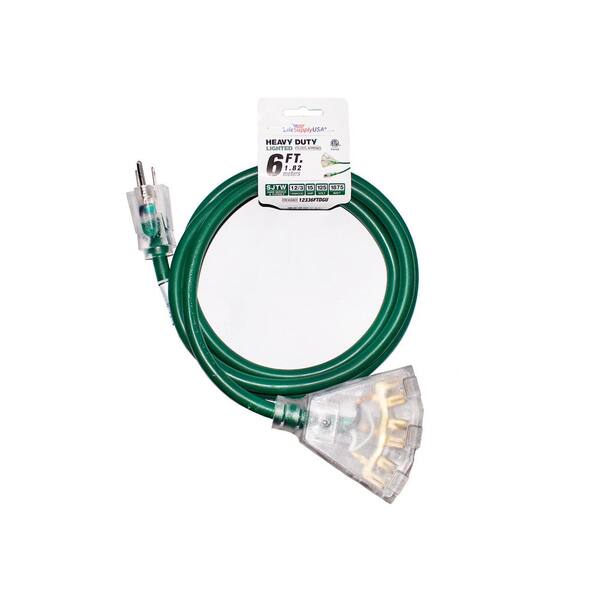 LifeSupplyUSA 6 ft 12/3 3-Outlet SJTW 15 Amp 125-Volt 1875-Watt Dark Green Indoor/Outdoor Heavy-Duty with Lighted End Extension Cord