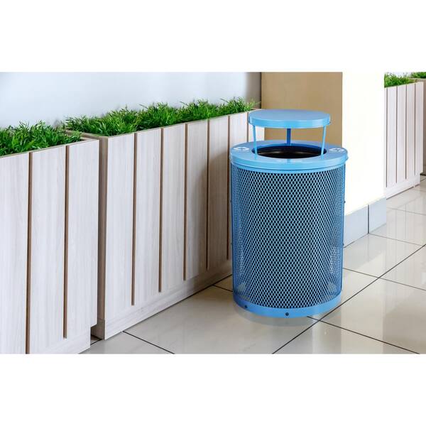 36 Gal. Blue Steel Diamond Outdoor Recycling Commercial Trash Can with Rain Bonnet Lid and Removable Liner