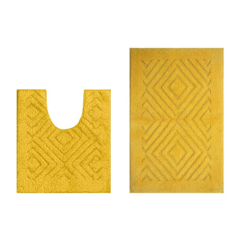 Yellow Diamond Pattern Cotton Bath Rug Set with Non-Slip Backing