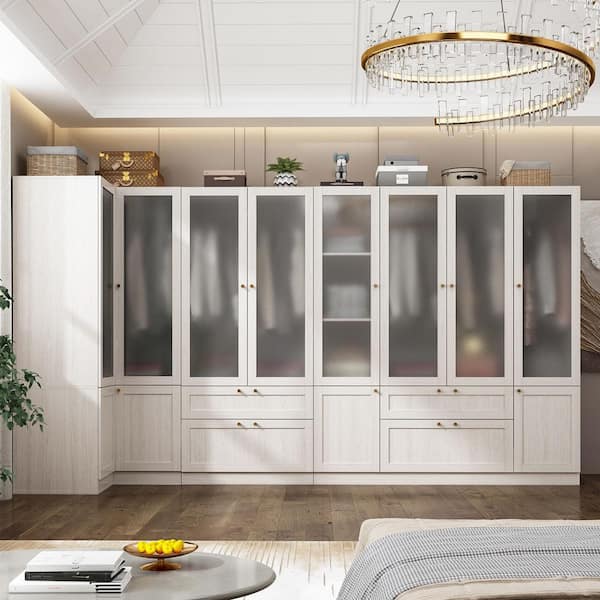 Light Oak Wood 129.9 in. Bedroom Armoire with Corner Cabinet, Frosted Glass Doors and Multiple Hanging Rods