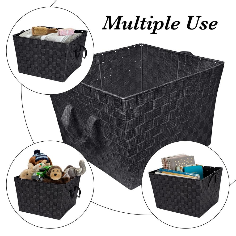 Large Black Woven Polypropylene Storage Tote with Strap Handles