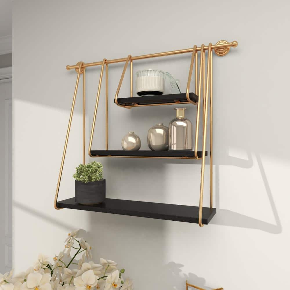 Black and Gold 26" Floating Wood Wall Shelf