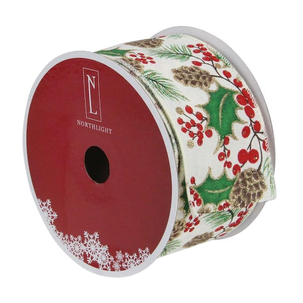 2.5 in. x 16 yds. Glitter Holly Berries and Pinecones Cream Wired Ribbon