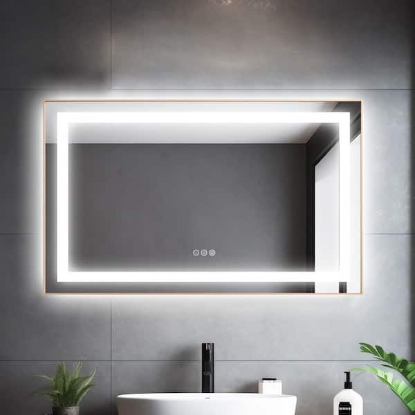 36 in. W x 24 in. H Rectangular Aluminum Framed Backlit and Front Light LED Wall Bathroom Vanity Mirror in Brushed Gold