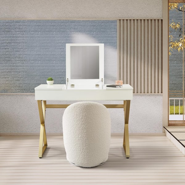 OSP Home Furnishings Lystra Textured Cream Fabric Swivel Vanity Barrel Chair