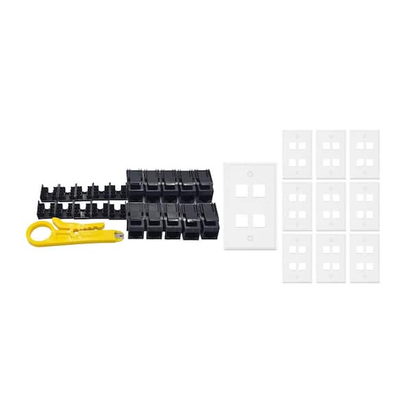 10-Pack 1-Gang White Keystone Plastic Wall Plates 4-Port and 10 Cat 6A RJ45 Keystone Jacks Black