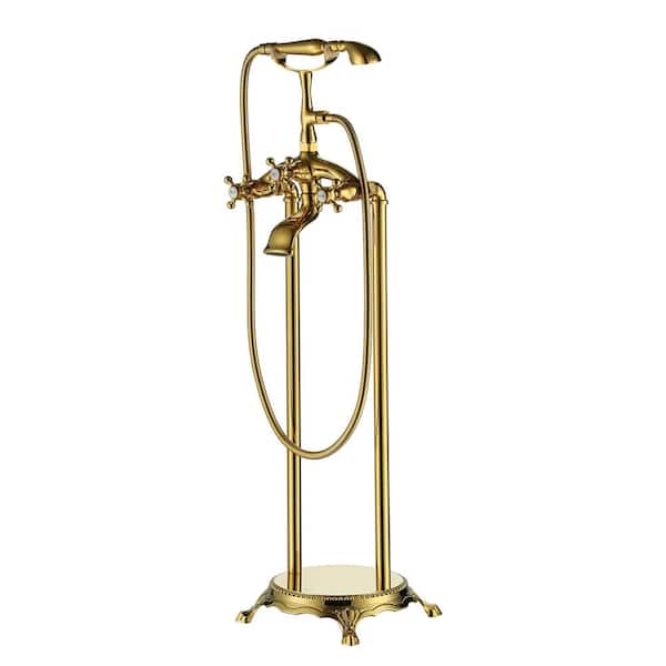 cadeninc 3-Handle Freestanding Floor Mounted Tub Faucet with Handheld Showerhead in Gold