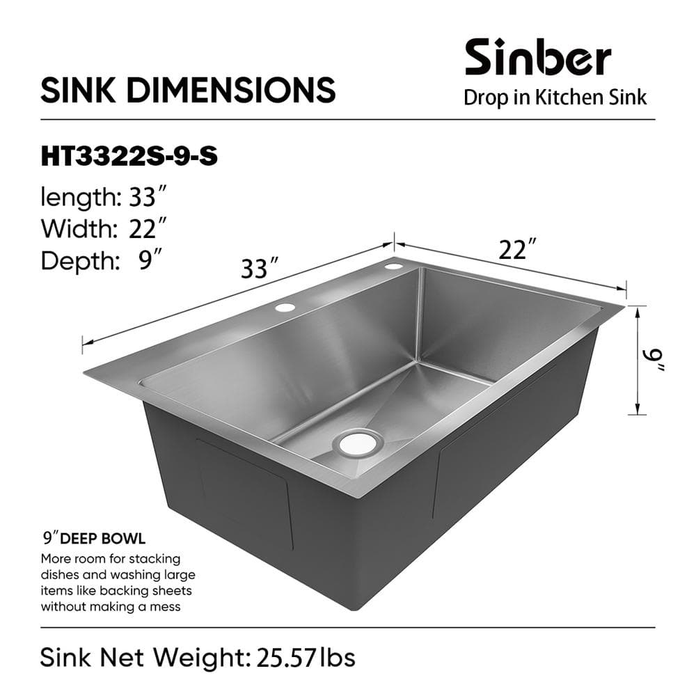 Sinber 33" Stainless Steel Drop-In Single Bowl Kitchen Sink