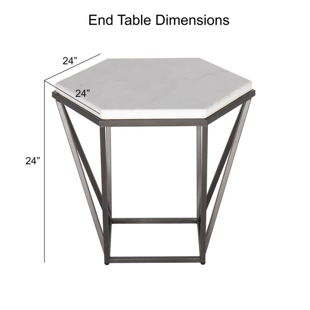Transitional Hexagonal White Marble & Coffee Metal End Table
