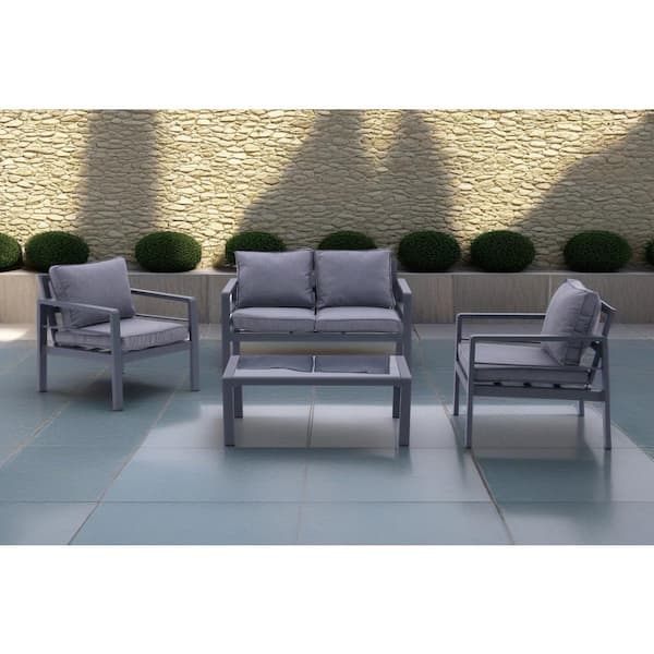 4 Piece 46.46*20.87*26, Gray Aluminum Outdoor Patio Lounge Set with Removable Cushions and Tempered Glass Coffee Table.